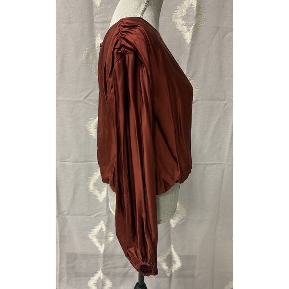 Anthropologie Wine Red Satin Balloon Long Sleeve Blouson Hem Blouse Small NWT - Picture 6 of 11